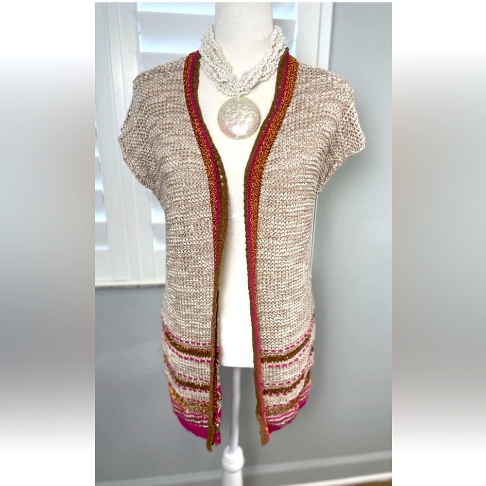 Chico's Size 0 Color Pop Multicolor Knit Longline Cardigan Orange Pink Foil‎